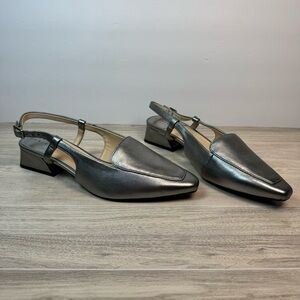 Alex Marie metallic pewter silver slingback pointed toe block heel loafer 8.5